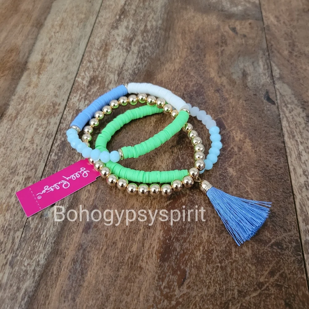 $58 Lilly Pulitzer Gold Tone Colorful Triple Strand Tassel Stretch Bracelet